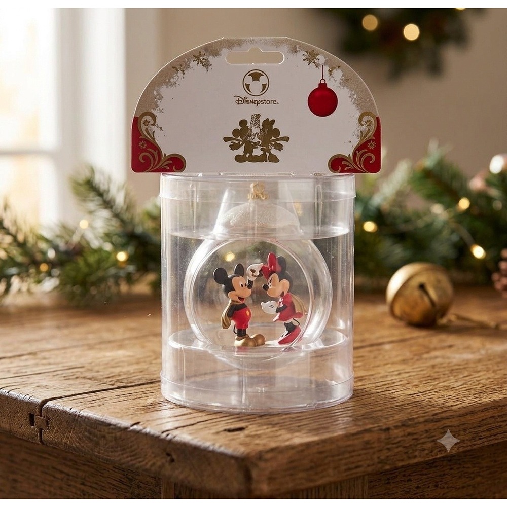 Disney Store Mickey Minnie Mouse Mistletoe Glass Globe Christmas Ornament UNOPEN